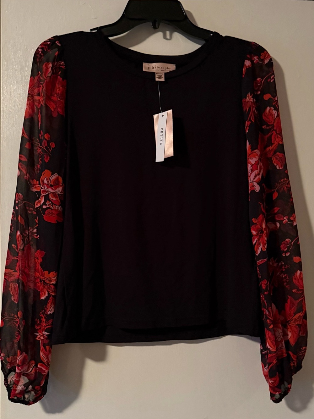 Philosophy Black Top with Red Floral Sheer Sleeves. Beautiful!